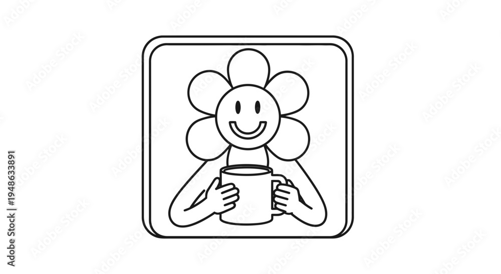 Fototapeta premium Smiling Flower Character Holding a Coffee Mug, Cute Line Art Illustration