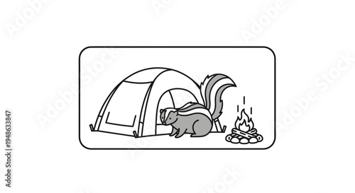 Skunk near tent and campfire, camping illustration