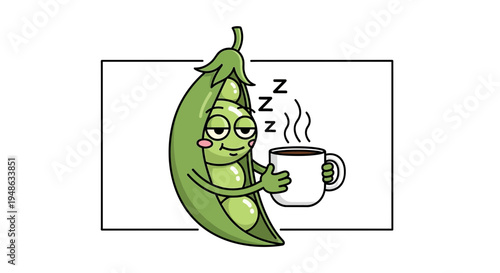 Sleepy Pea Pod Character Holding Coffee Cup, Cartoon Illustration