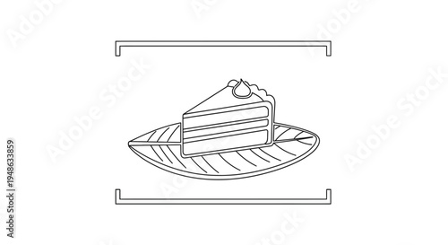 Slice of Cake on a Leaf-Shaped Plate, Minimalist Line Art Illustration