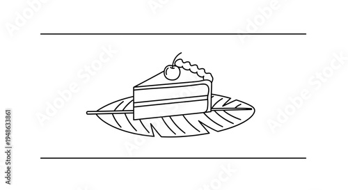 Slice of cake with cherry on top, served on a banana leaf, minimalist line art