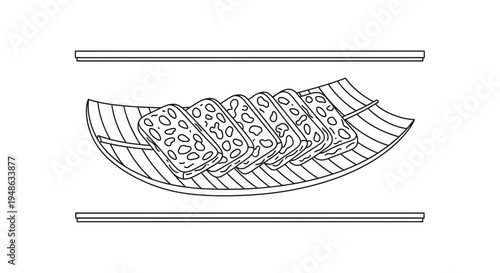 Sliced Tempeh on Banana Leaf Plate, Healthy Vegan Food, Top View