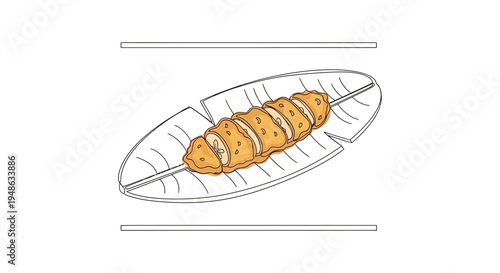 Sliced Bread Loaf on Banana Leaf Plate, Hand-Drawn Style Illustration