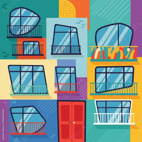 Colorful building illustration with balconies and windows, geometric and vibrant