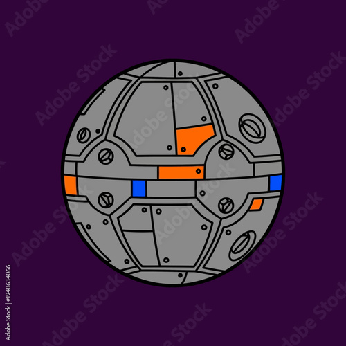 A detailed illustration of a metallic sphere with intricate paneling and color accents.