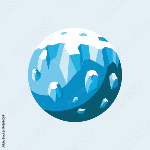 A stylized illustration of a planet covered in ice and snow, depicting a cold environment.