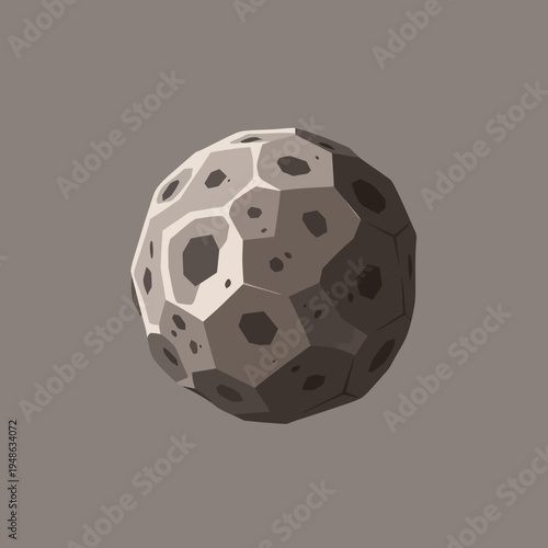 A stylized, low-poly 3D rendering of a celestial body with a textured surface.