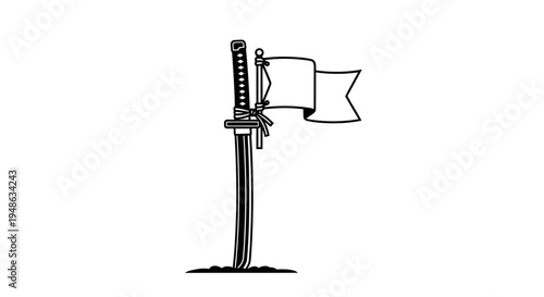 Samurai Sword Flag Icon, Japanese Katana Blade Stuck in Ground with Banner