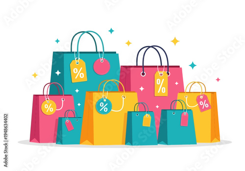 Assortment of brightly colored shopping bags with percentage discount tags