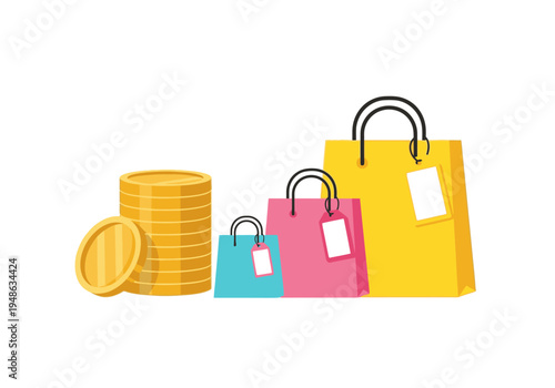 Gold coins stacked next to three progressively larger colorful shopping bags with tags