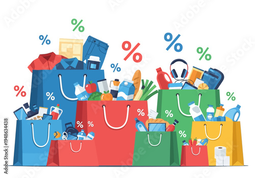 Illustration of colorful shopping bags overflowing with various products and floating percentage signs