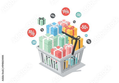 Isometric view of a shopping basket overflowing with colorful gift boxes and discount tags