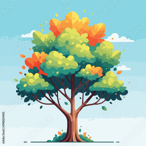 Colorful illustrated tree with a full green, orange, and yellow canopy