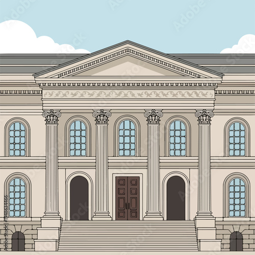 Cartoon-style illustration of a neoclassical building with columns and arches