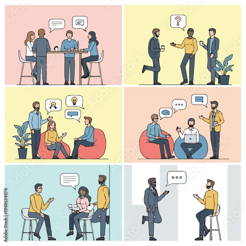 Collection of illustrations depicting diverse people in communicative settings