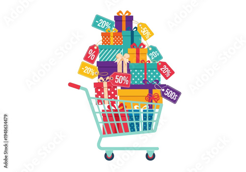 Shopping cart overflowing with colorful gift boxes and sale tags