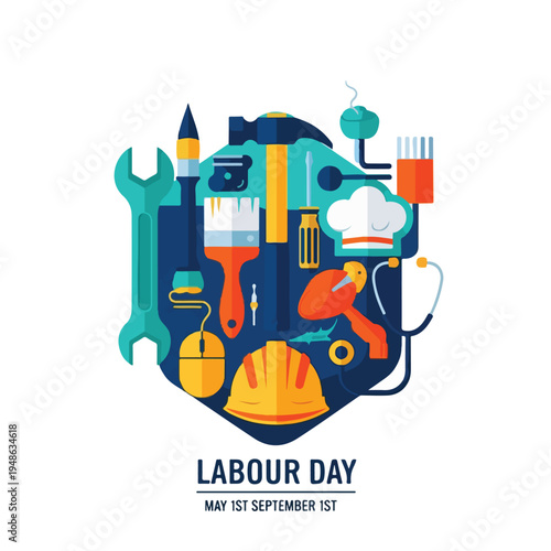 Colorful, geometric image of tools and professions arranged in a design