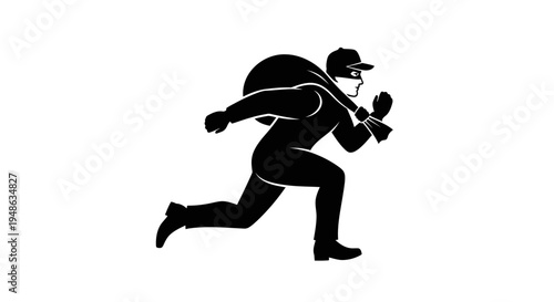 Silhouette of a thief running with a sack of stolen goods, black and white illustration