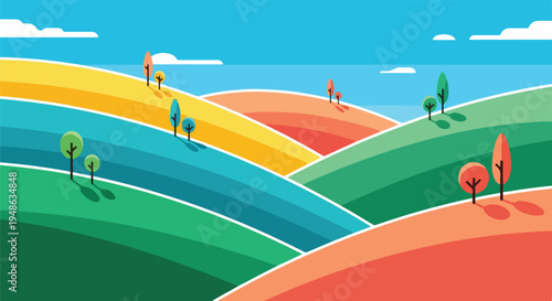 Colorful, geometric landscape with rolling hills and trees under a blue sky