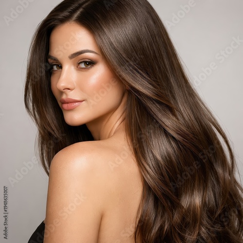 Long Shiny Brunette Hair Beauty Portrait Looking Back. Hairstyle Model for Hair Salon