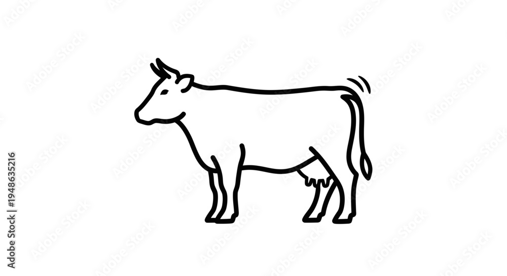 Fototapeta premium Simple Line Art Illustration of a Cow Standing Side View, Farm Animal Icon