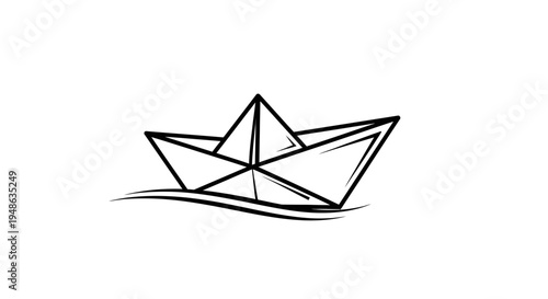 Simple paper boat sailing on wavy water, minimalist sketch, black and white