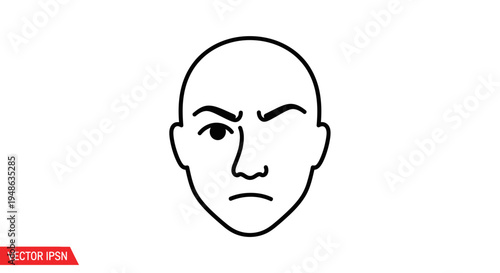 Skeptical Man Face Icon, Doubtful Expression, Suspicious Gaze, Unsure Emotion, Line Art