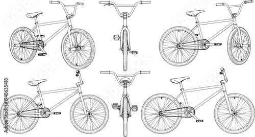 Black and white BMX bicycle vector set featuring multiple perspectives including front side and three quarter views,