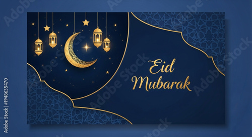 Decorative Eid Mubarak banner with hanging golden lanterns (fanous), a detailed crescent moon, and geometric patterns on a dark blue background.