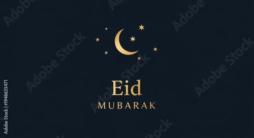 Modern and minimalist Eid Mubarak card featuring gold serif typography and a simple crescent moon with stars on a dark navy textured background.