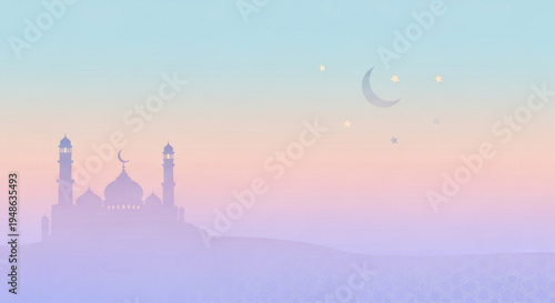 A serene Islamic background featuring a purple mosque silhouette against a soft pastel sunset sky with a crescent moon and stars.