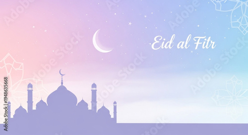 Soft purple and blue gradient background for Eid al Fitr featuring a mosque silhouette, stars, and a thin crescent moon with floral ornaments.