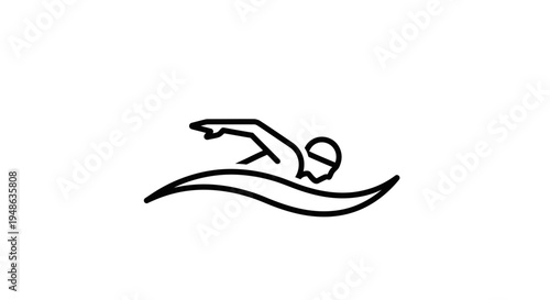 Swimmer Icon Silhouette on Water Waves, Freestyle Stroke, Minimalist Line Art