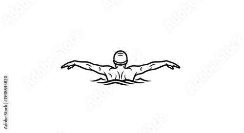 Swimmer Performing Butterfly Stroke in Water, Artistic Line Drawing
