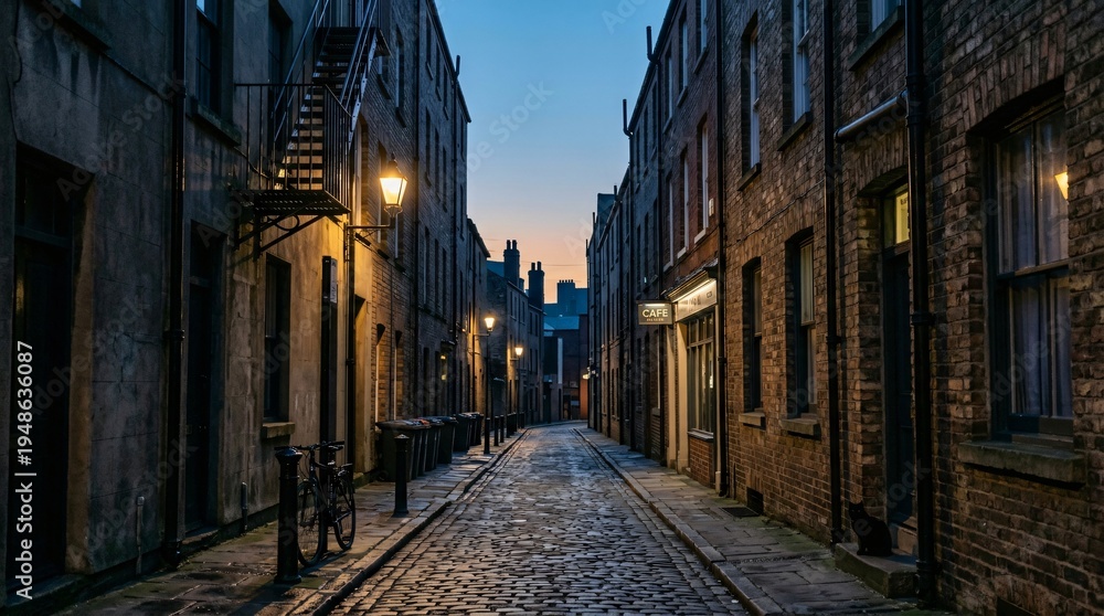 Obraz premium Cobblestone Street in Dublin Ireland at Dusk Historic Buildings & Charming Cafe Scene