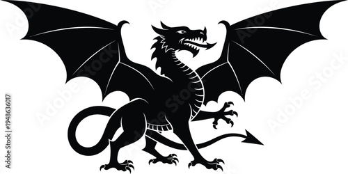 A minimalist black silhouette of a majestic dragon with spread wings in a classic heraldic style