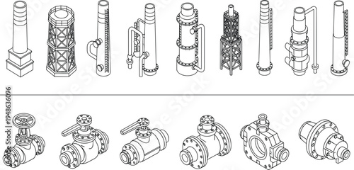 Isometric industrial factory chimney set with oil refinery towers chemical plant structures and plumbing water pipe valves,