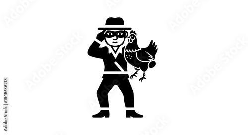 Thief in Hat Stealing Chicken, Funny Concept, Black and White Icon