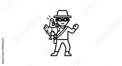Thief in Mask Stealing Chicken, Bandit Icon, Criminal Concept, Funny Cartoon