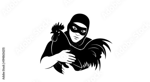 Thief in mask stealing a rooster, black and white illustration