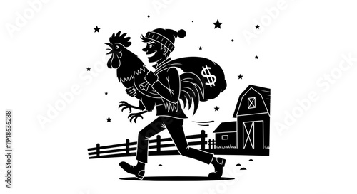 Thief Stealing Rooster from Farm at Night with Money Bag