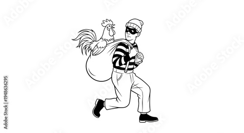 Thief Stealing Rooster with Stolen Goods Bag