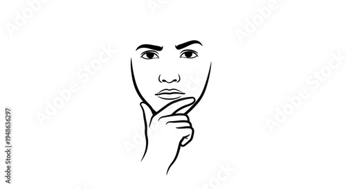 Thoughtful Face, Hand on Chin, Pondering Expression, Black and White Line Art