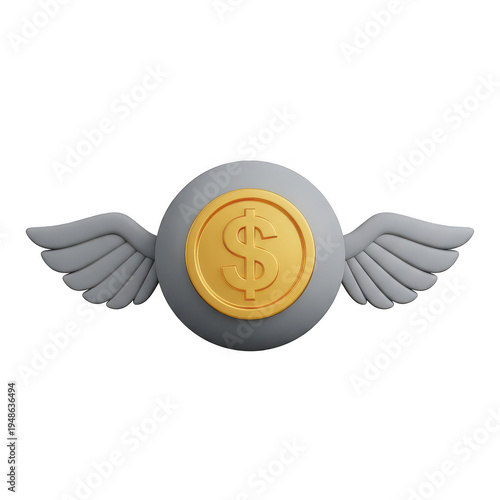 A gold coin with wings on a gray circle