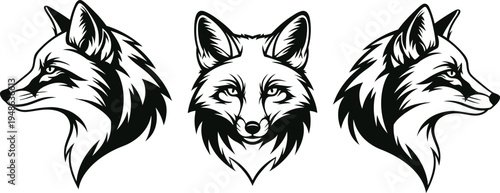 A collection of three monochromatic black and white fox head illustrations in different perspectives
