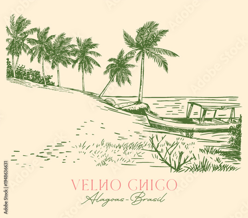 The strength and peace of the Old Chico River in hand-drawn strokes. Hand-drawn landscape of the banks of the São Francisco River, Alagoas.