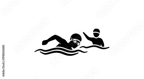 Two swimmers in a pool, one in front, one behind, with waves