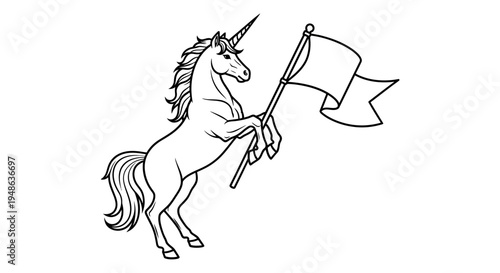 Unicorn Rearing Up with Flag, Mythical Creature, Fantasy, Celebration, Victory Symbol