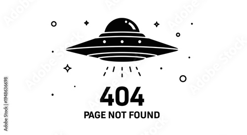 UFO 404 Error Page Not Found Concept, Alien Spaceship Flying in Space with Stars