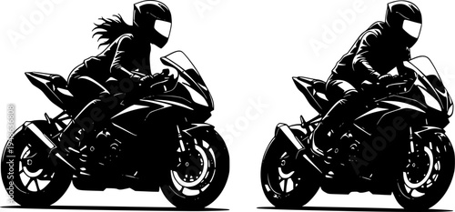 A vector silhouette of a woman riding a motorcycle and a man riding a motorcycle